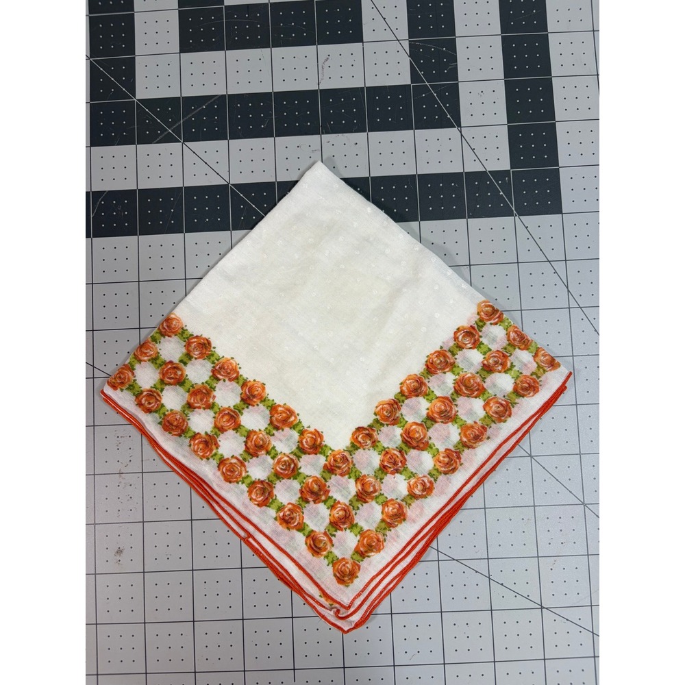 Vintage Orange Rose Floral Handkerchief Hankie White Cotton Pocket Square